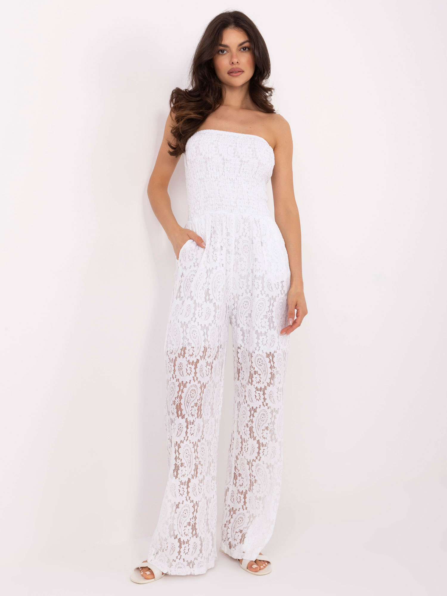 White lace jumpsuit with pants.