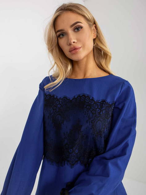 Hurtownia Kobaltowa bluzka wizytowa z koronkową wstawką