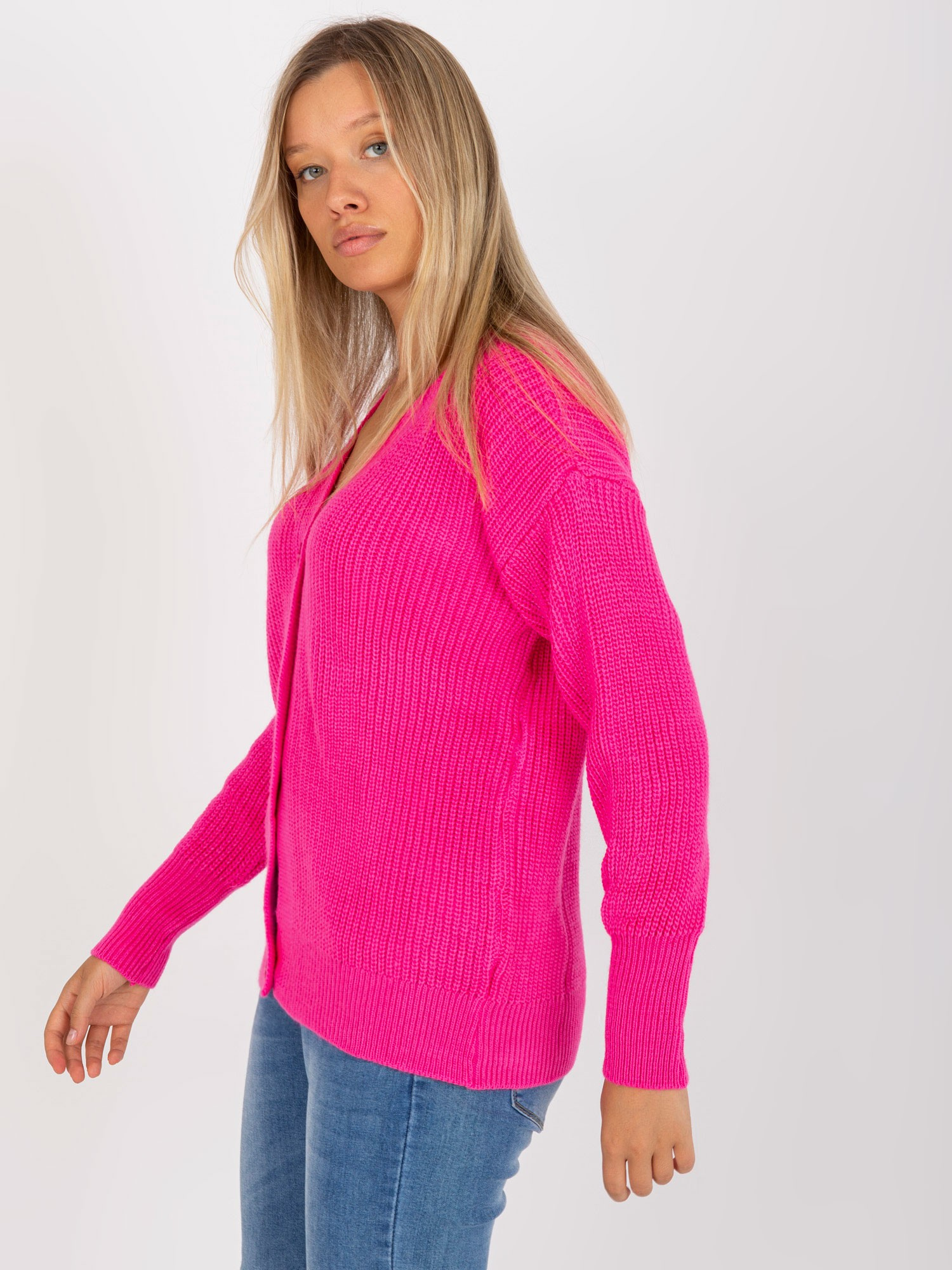 Fluo różowy sweter rozpinany z zapięciem na guziki RUE PARIS