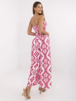 Pink and white jumpsuit with geometric patterns.