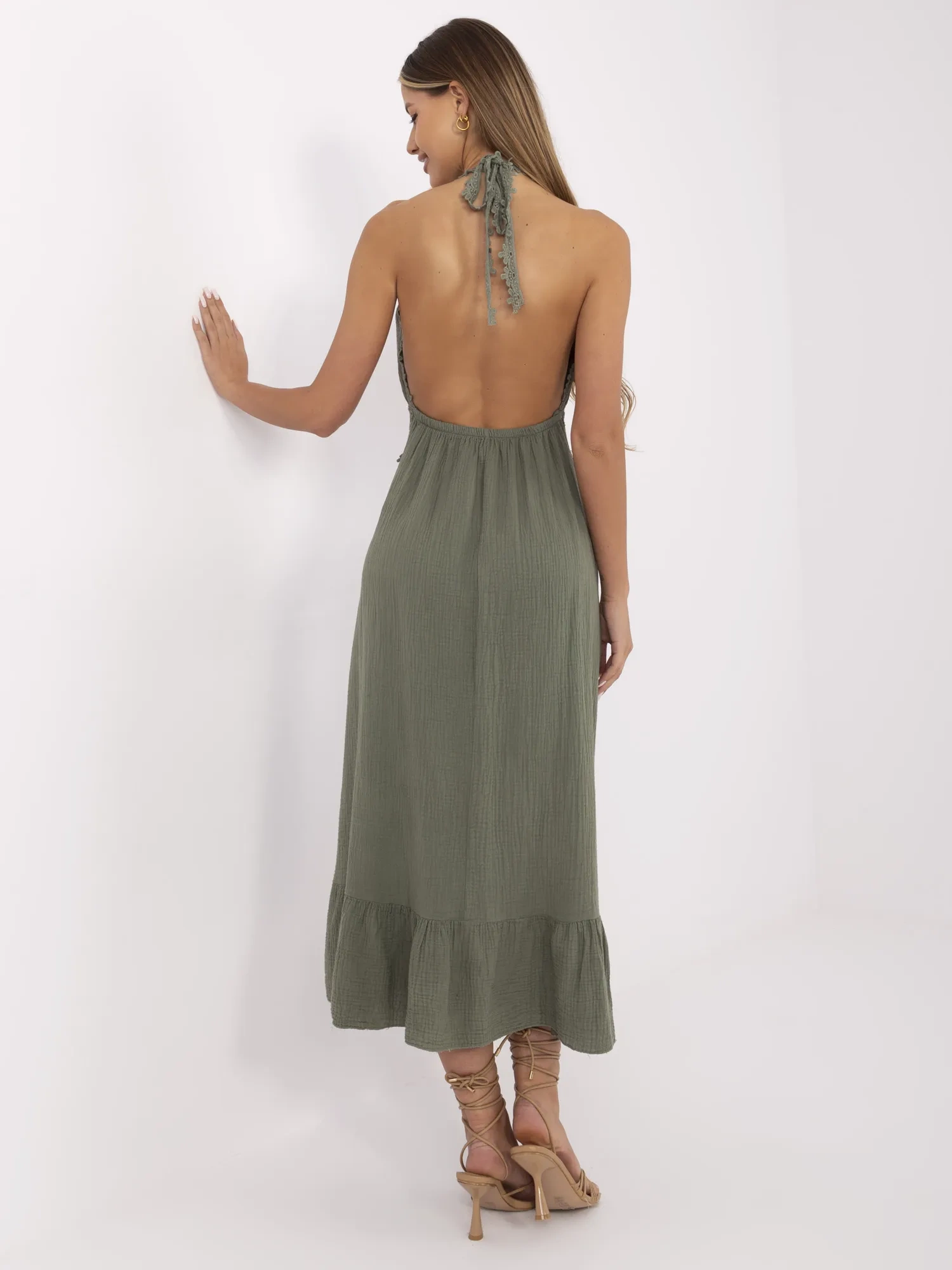 Khaki lange Boho-Kleid aus Musselin.
