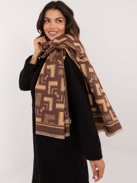 Hurt Brązowo-camelowy damski szal z frędzlami