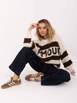 Ecru-brązowy damski sweter oversize w paski