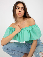 Hurt Miętowa krótka bluzka hiszpanka z marszczeniem