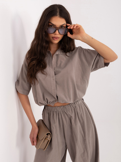 Ciemnobeżowa sztruksowa koszula z wiązaniem