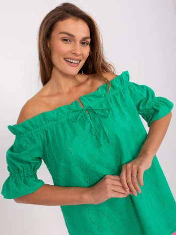 Hurt Green off-the-shoulder blouse with short sleeves.