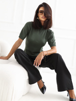 Khaki women's sweater with a mock turtleneck.