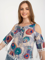 Hurt Beżowa bluzka z nadrukiem i odkrytymi ramionami