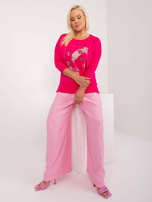 Hurt Fuksjowa damska bluzka plus size z nadrukiem i dżetami