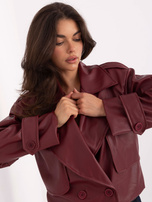 Bordowy dwurzędowy płaszcz z ekoskóry RUE PARIS