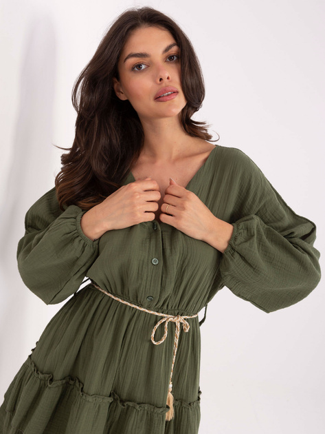 Khaki muślinowa sukienka z bufiastymi rękawami