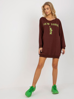 Hurt Ciemnobrązowo-żółta długa bluza oversize z napisem