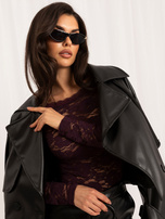 Dark purple lace blouse with a boat neckline.