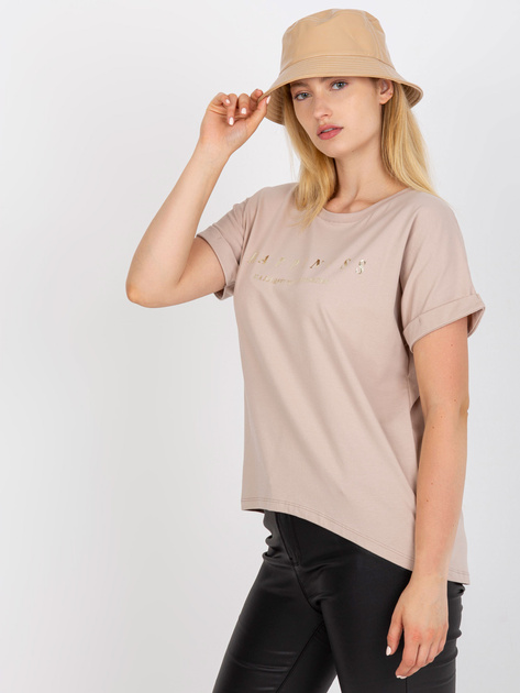 Beżowy bawełniany t-shirt plus size z napisem