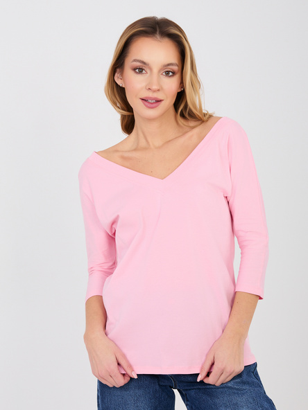 Pastelowa różowa bluzka basic z dekoltem na plecach RUE PARIS