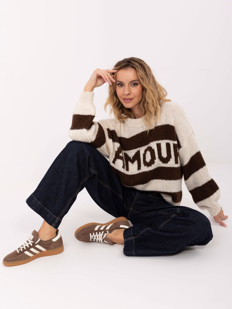 Ecru-brązowy damski sweter oversize w paski