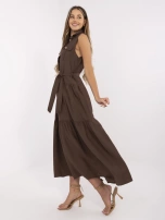Brown long dress with a tied belt.