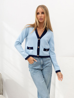 Light blue short 2-in-1 cardigan with decorative buttons.