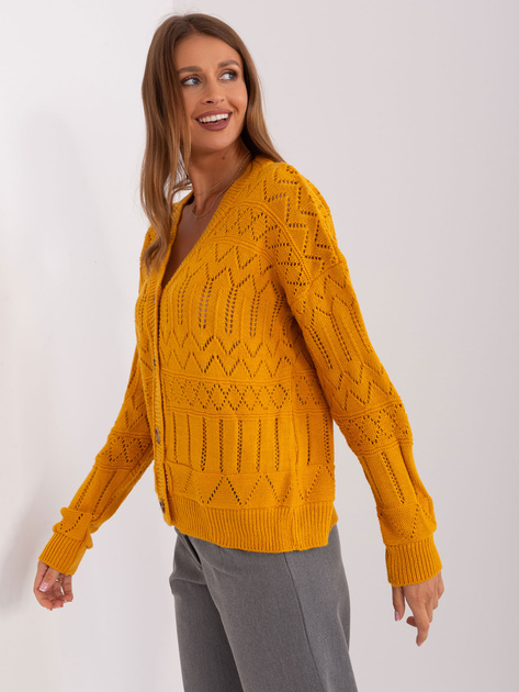 Hurtownia Musztardowy damski sweter rozpinany z wełną