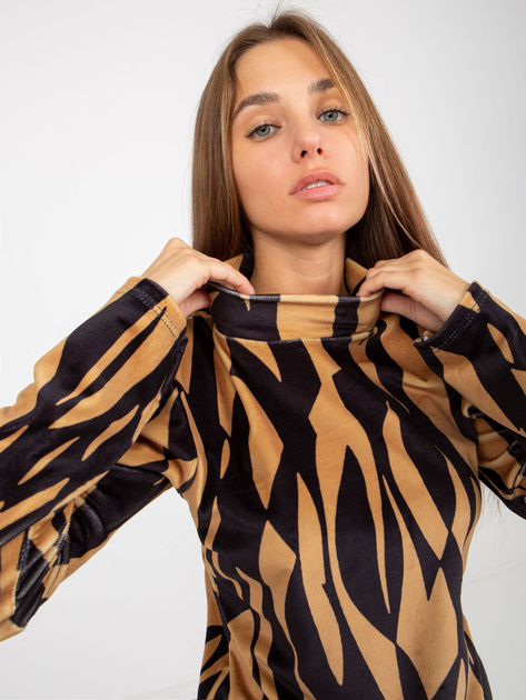 Hurt Camelowo-czarna welurowa bluzka z nadrukiem RUE PARIS