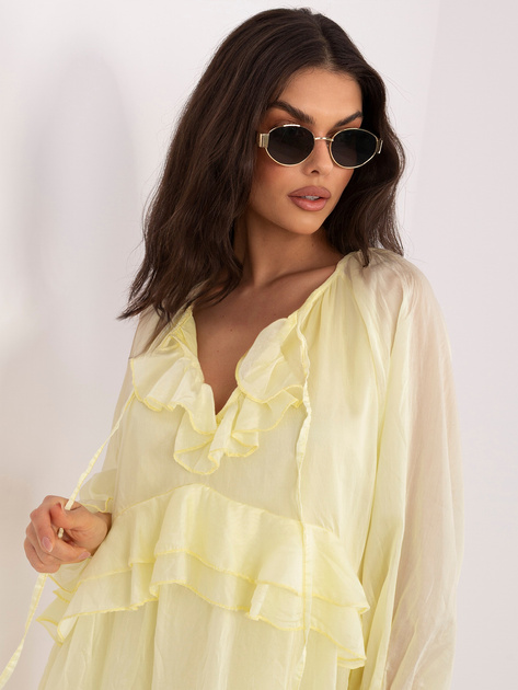 Maślana żółta długa sukienka z żabotem