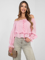 Light pink off-the-shoulder blouse with a tie RUE PARIS.
