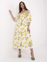 Ecru-żółta midi sukienka damska w cytryny 