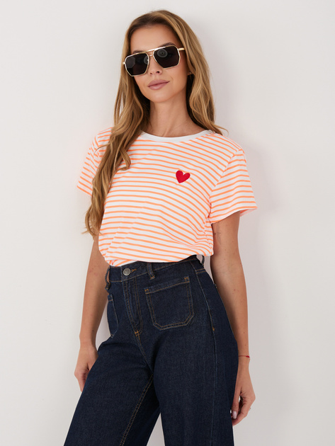 Biało-pomarańczowy damski t-shirt z bawełny