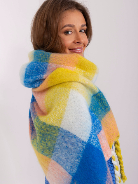 Hurt Żółto-niebieski damski szal z kolorowymi frędzlami