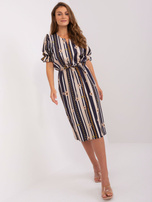 Hurt Granatowa sukienka z printem i bufiastym rękawem