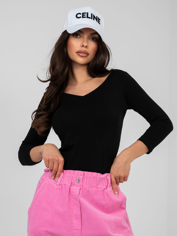 Czarna dopasowana bluzka basic z dekoltem V RUE PARIS 