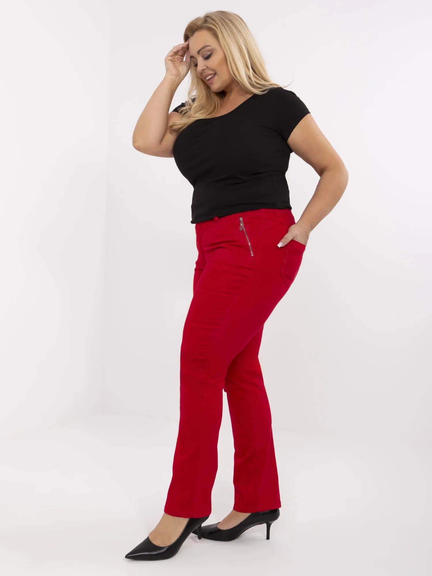 Czerwone długie bawełniane spodnie plus size