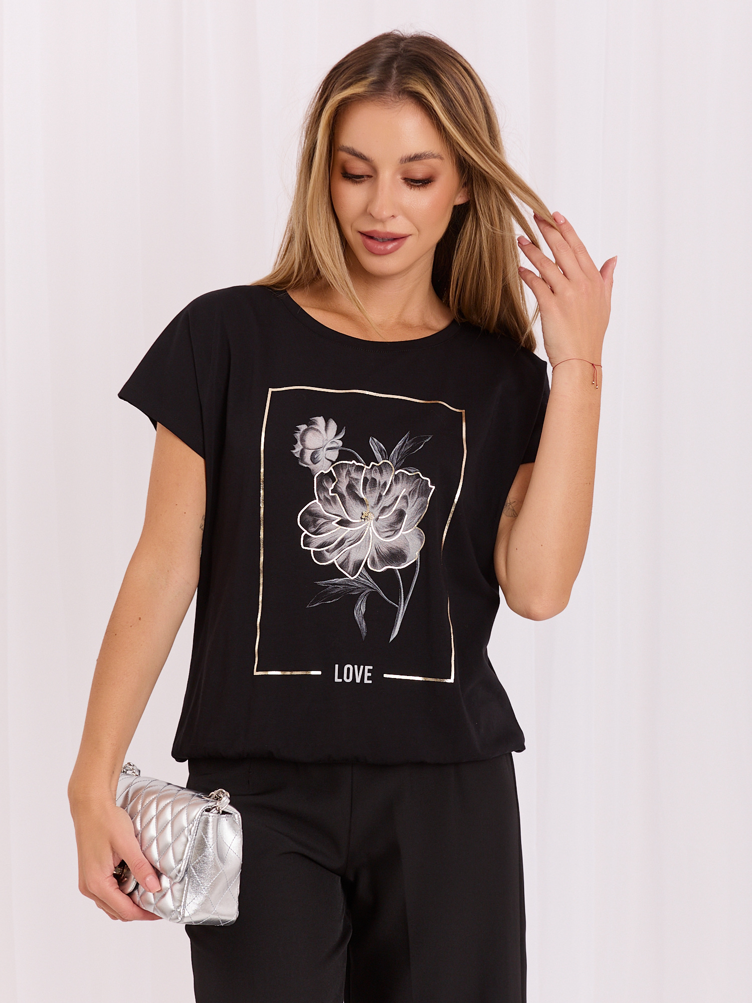 Schwarze Bluse mit Druck und Schriftzug RUE PARIS.