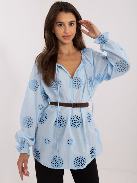 Hurt Jasnoniebieska ażurowa bluzka z bufiastym rękawem