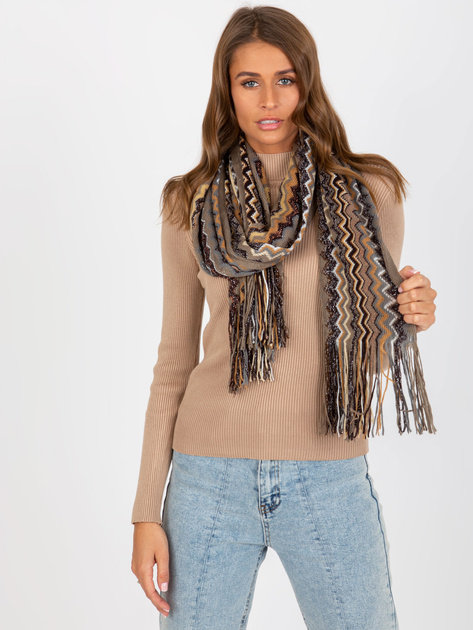 Hurtownia Beżowy damski wzorzysty szal z frędzlami
