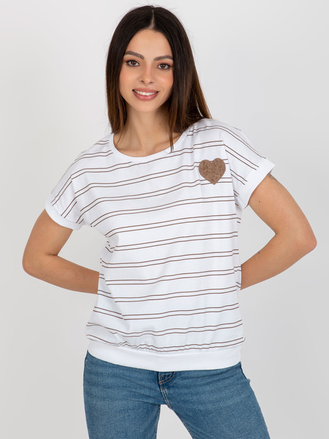 Hurt Biało-brązowa damska bluzka w paski z naszywką