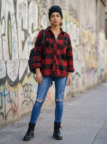 Hurt Czarno-czerwona wierzchnia koszula w kratę z napisami 