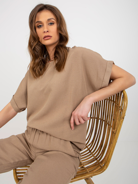 Hurt Ciemnobeżowy damski komplet letni z lnem RUE PARIS