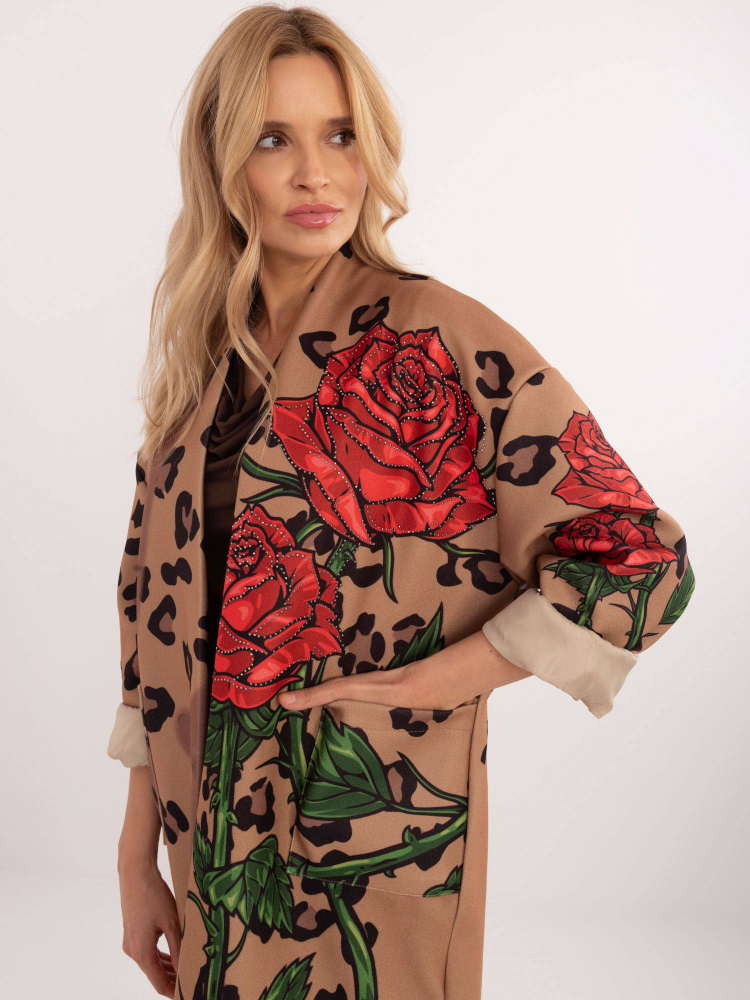Hurt camel patterned women's coat with application.