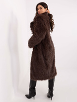 Brown long fur coat with pockets.