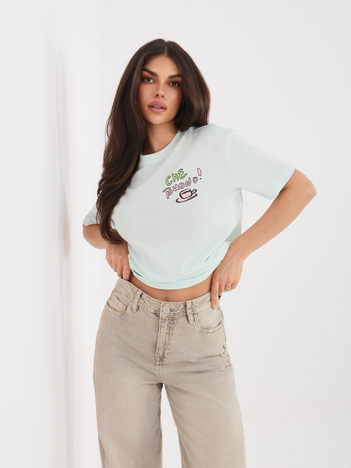 Miętowy damski t-shirt z nadrukiem na plecach SUBLEVEL