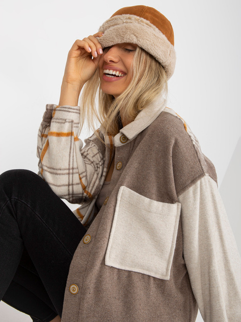 Hurtownia Beżowa dwukolorowa koszula w kratę oversize