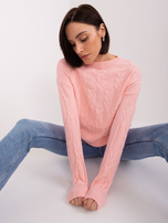 Hurt light pink cable-knit sweater with a round neckline.