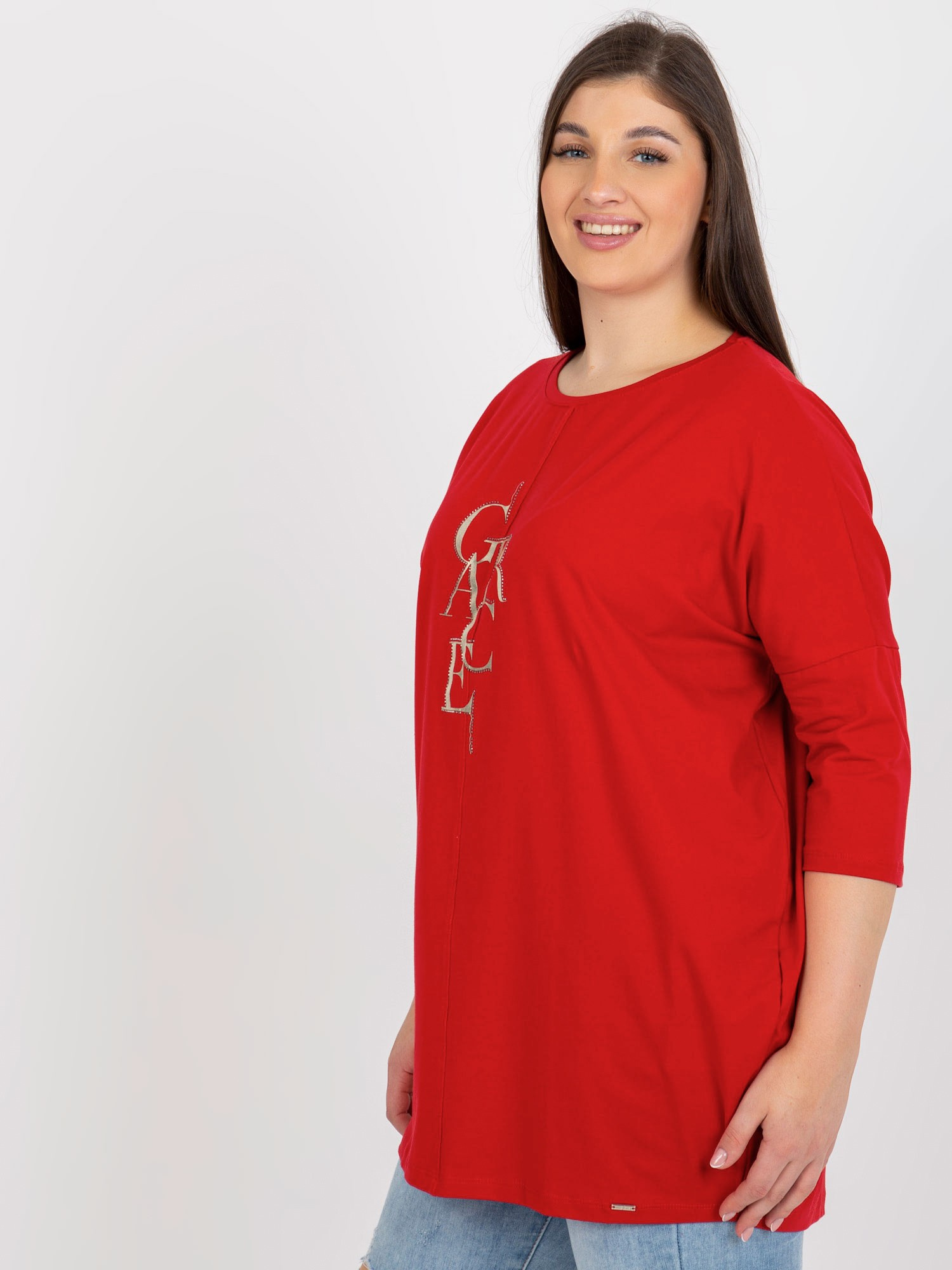 Hurt Rote längere Bluse Plus Size mit 3/4-Ärmeln.