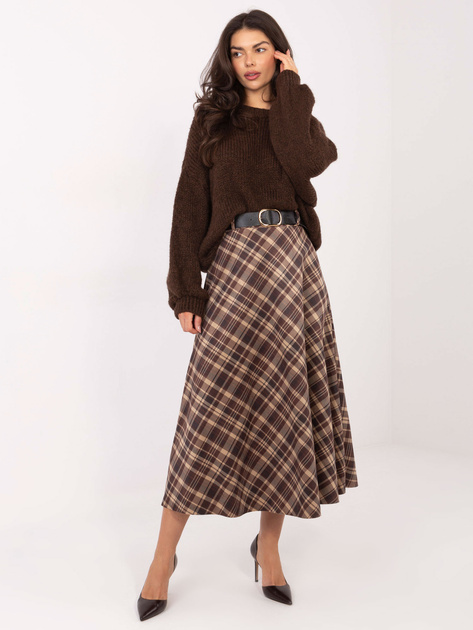 Czekoladowa rozkloszowana spódnica w kratę RUE PARIS