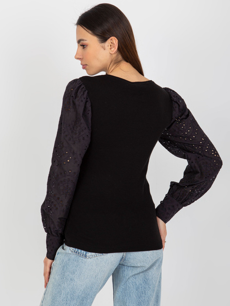 Hurt Czarna prążkowana bluzka wizytowa z ażurowymi rękawami OCH BELLA