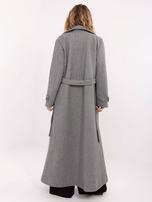 Szary elegancki płaszcz z wiązanym paskiem