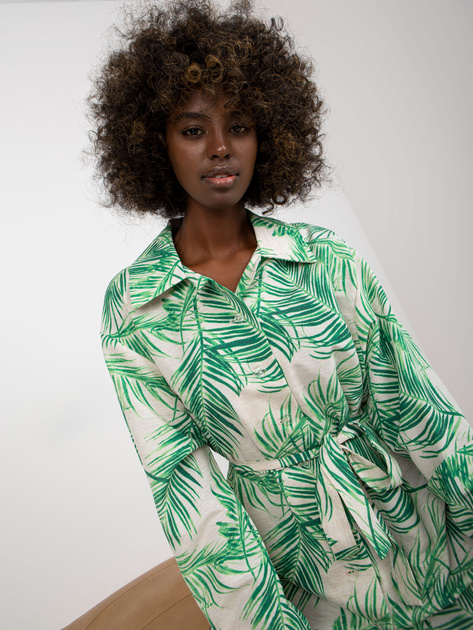 Hurt Zielono-beżowa lniana sukienka szmizjerka z wiązaniem