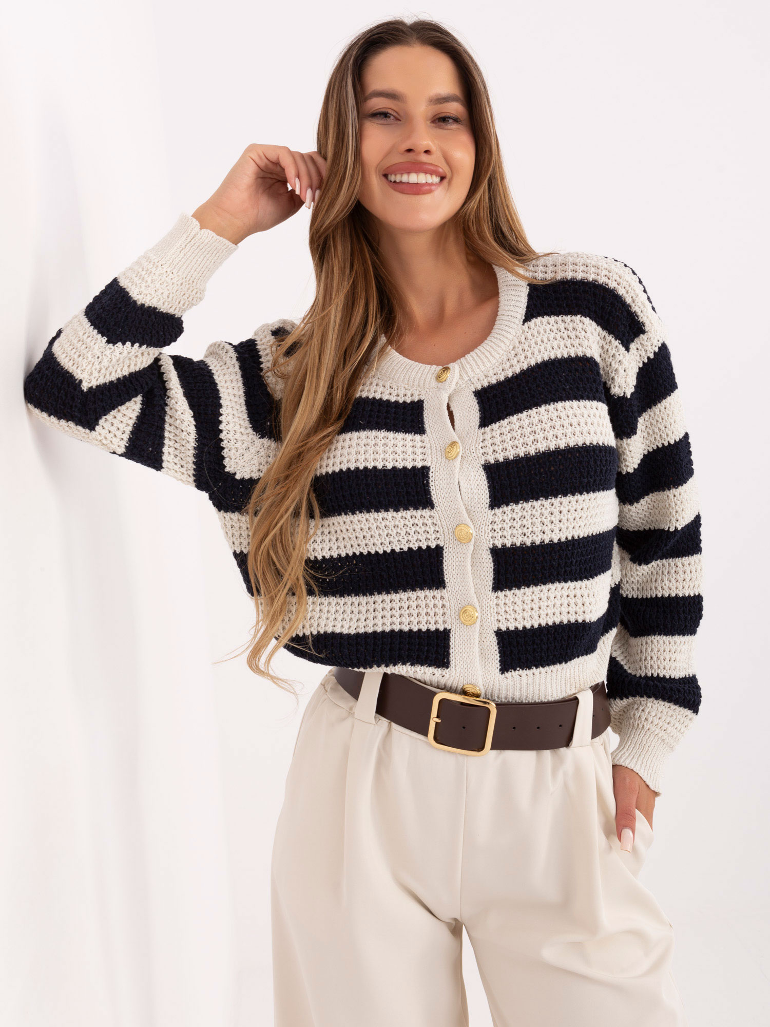 Ecru-navy elegant striped sweater RUE PARIS.