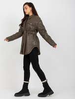 Hurtownia Khaki puchowa kurtka z ekoskóry z kieszeniami 